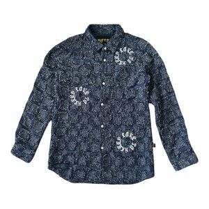 KLEEP Boys Distressed Graphic PHRESH Button Down Shirt Dark Blue White Sz 11-12